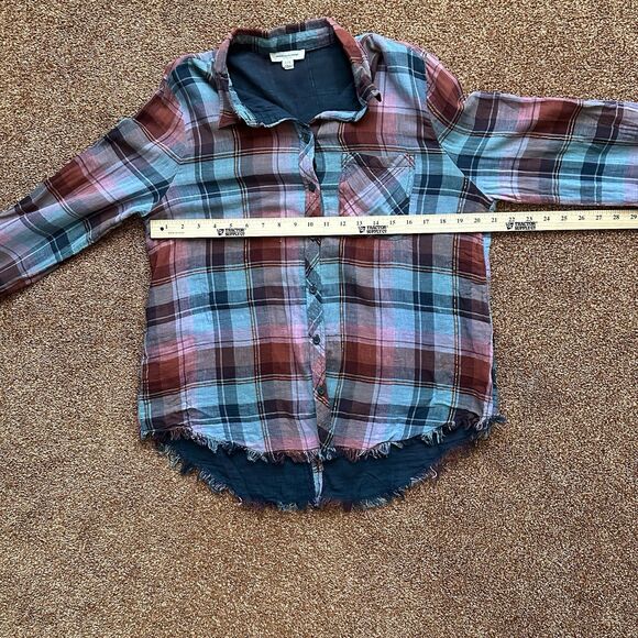 Beach Lunch Lounge Shirt Womens Large Plaid Long Sleeve Fringe, Back Slit Grunge - Picture 7 of 8